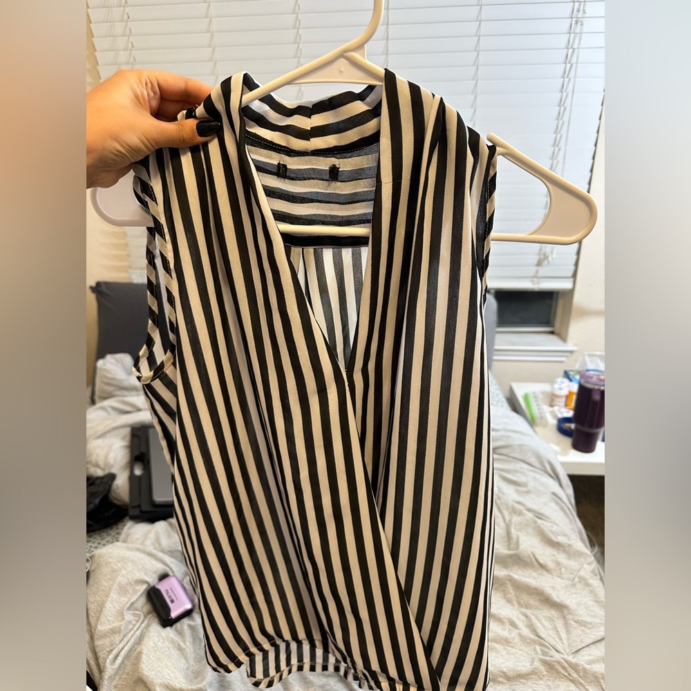 Black and White Striped Sleeveless Blouse